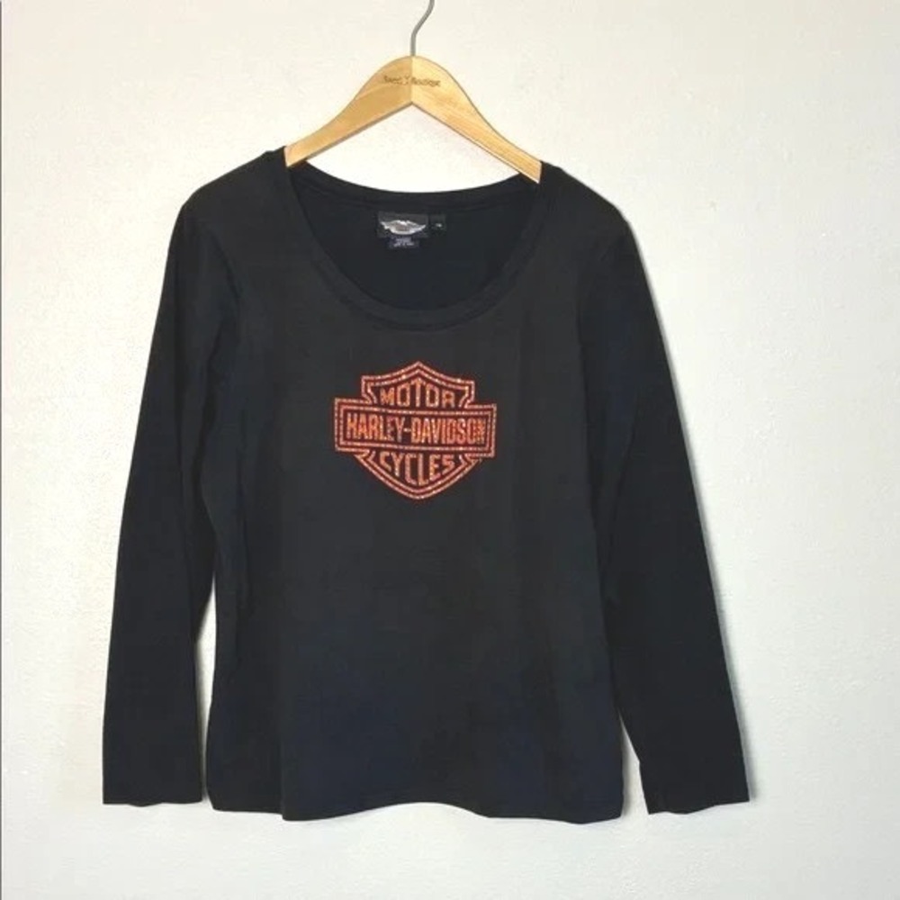 HARLEY DAVIDSON Women 1X Black Long Sleeve Stretch Cotton Shirt Biker Moto
